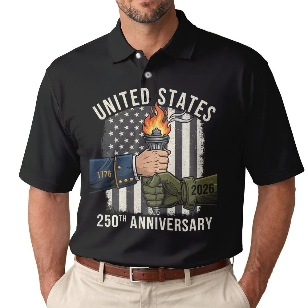 Hands Passing Torch 1776-2026 Legacy - United States 250th Anniversary Patriotic Flag Gift for Dad Men's Polo Shirt - 1