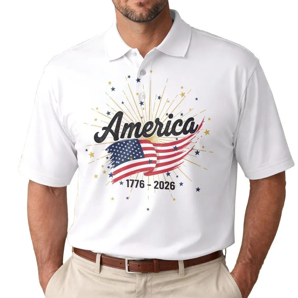 America Script Flag 1776-2026 - USA 250th Anniversary Patriotic Independence Day Men's Polo Shirt - 1
