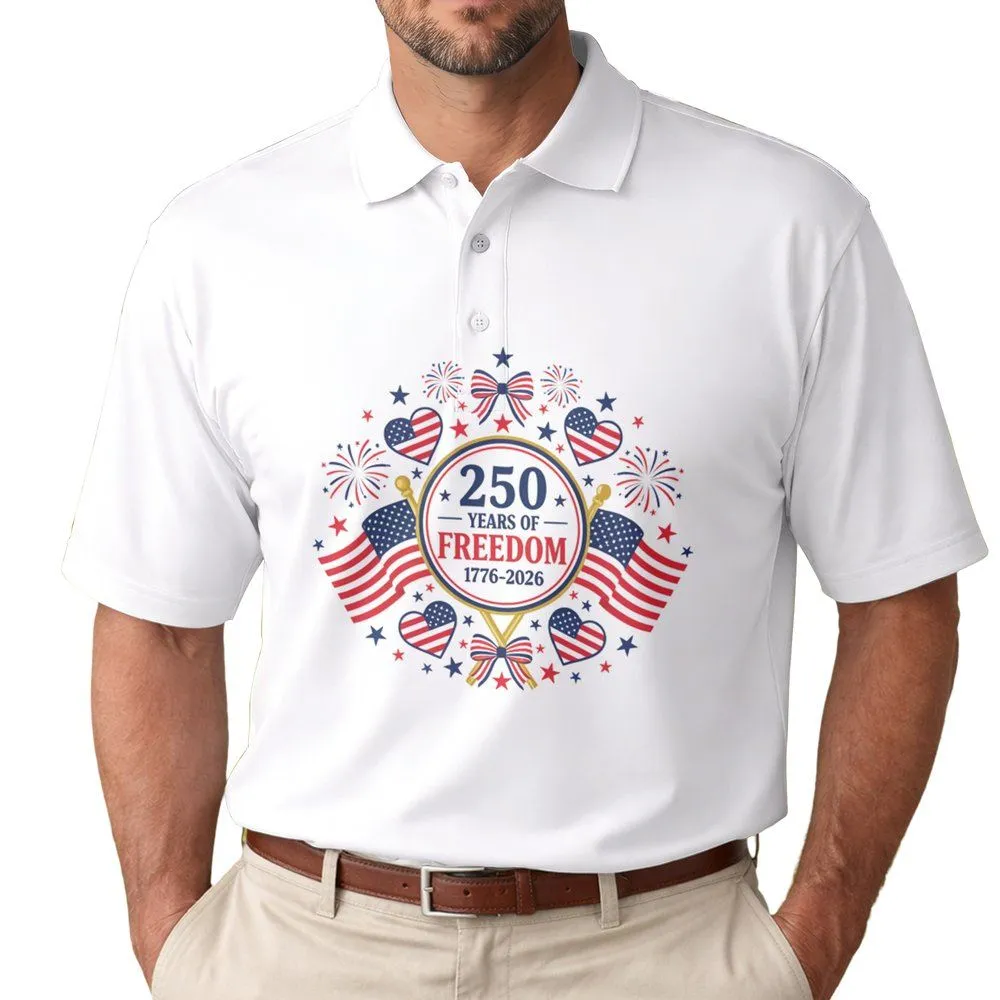 250 Years of Freedom 1776-2026 American Flag - USA 250th Anniversary Patriotic Gift Men's Polo Shirt - 1