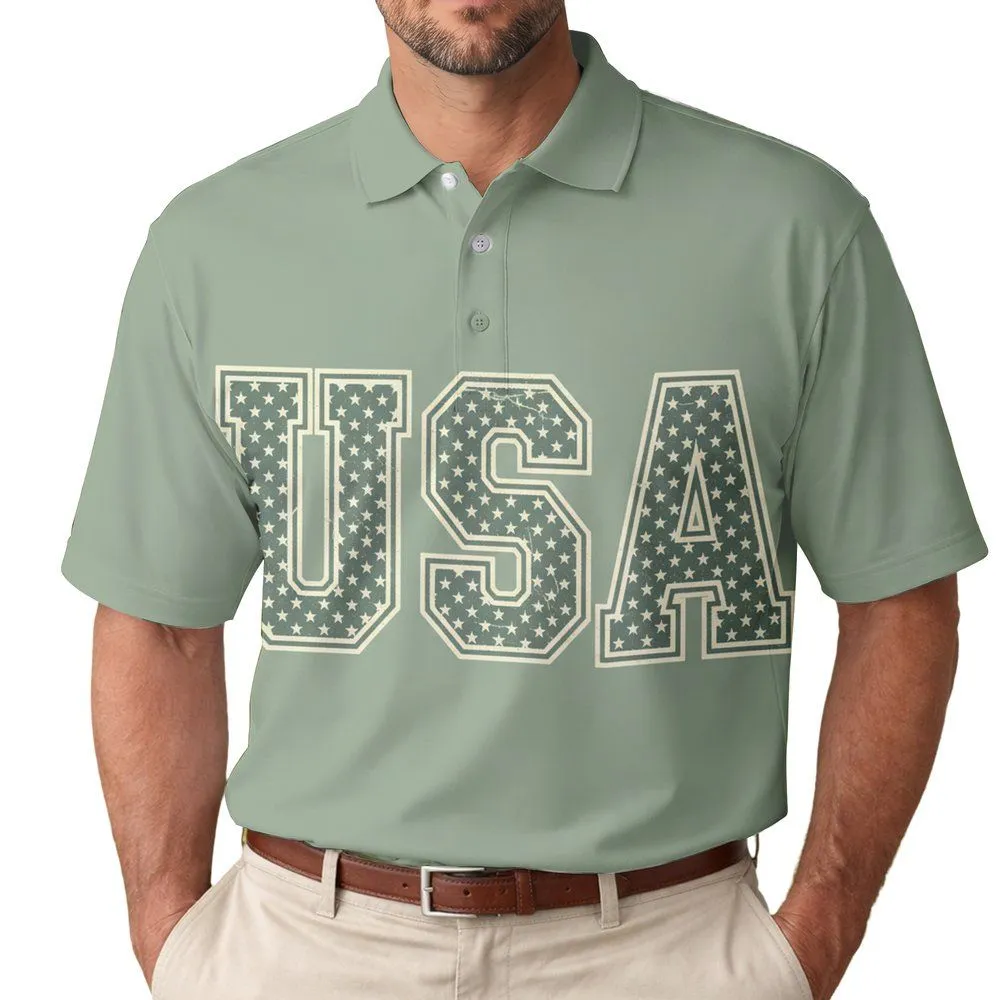 Distressed USA Stars 1776 - Sage Green USA 250th Anniversary Independence Day Men's Polo Shirt - 1