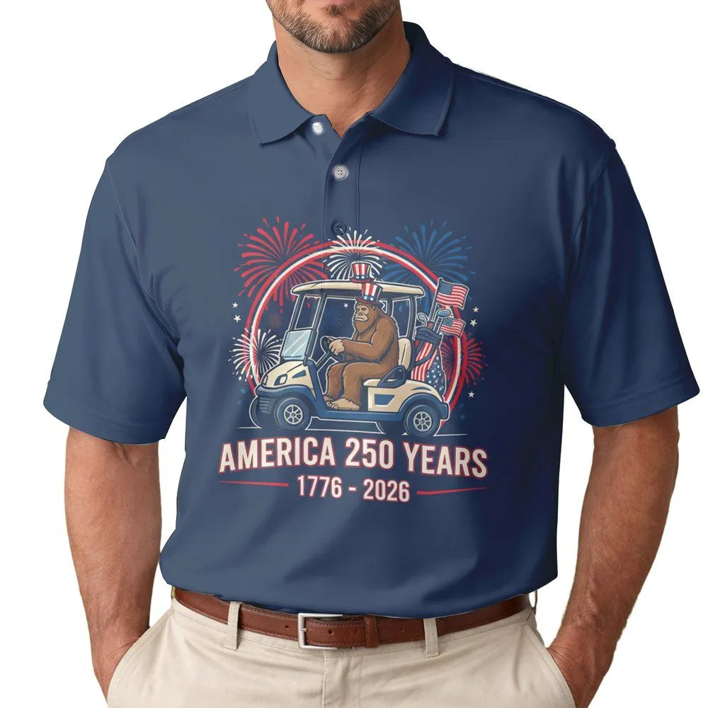 Sasquatch Golf Cart American Flag Fireworks Patriotic - USA 250th Anniversary Independence Day Men's Polo Shirt - 1