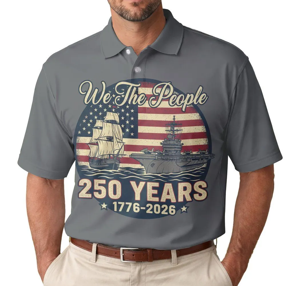 We The People 1776-2026 Ships Distressed Flag - USA 250th Anniversary Gift for Veterans Men's Polo Shirt - 1