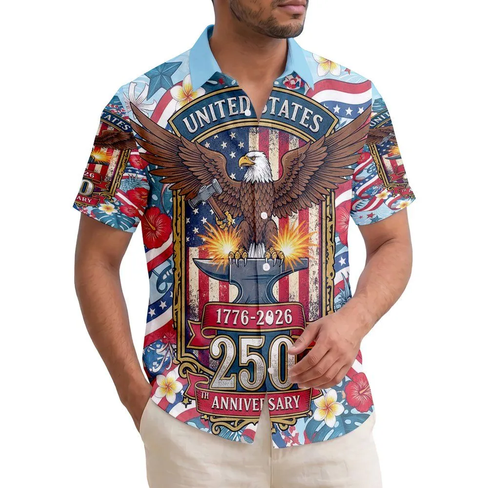 Bald Eagle Anvil American Flag Tropical Leaves - USA 250th Anniversary Independence Day Hawaiian Shirt - 1