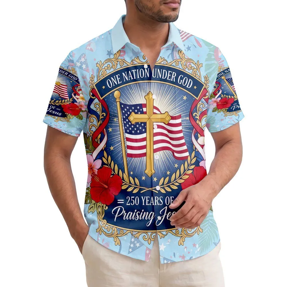 American Flag Cross ONE NATION UNDER GOD Praising Jesus - USA 250th Anniversary Hawaiian Shirt - 1