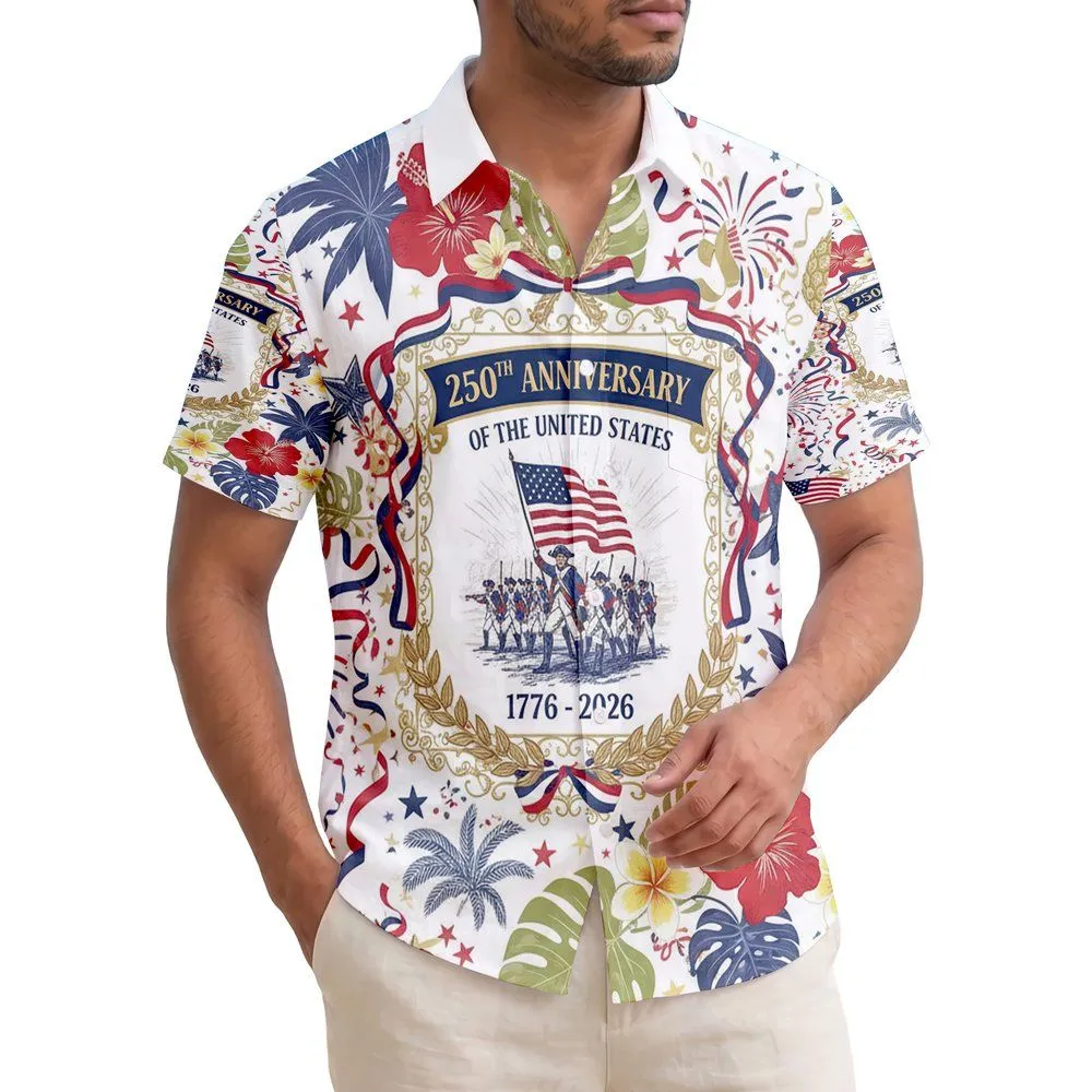 Colonial Soldiers Old Glory Flag 1776-2026 - USA 250th Anniversary Ornate Tropical Hawaiian Shirt - 1