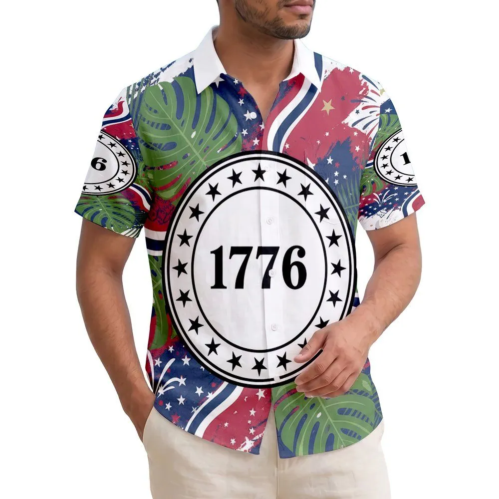 1776 Stars Emblem Tropical USA Flag Pattern - USA 250th Anniversary Independence Day Hawaiian Shirt - 1