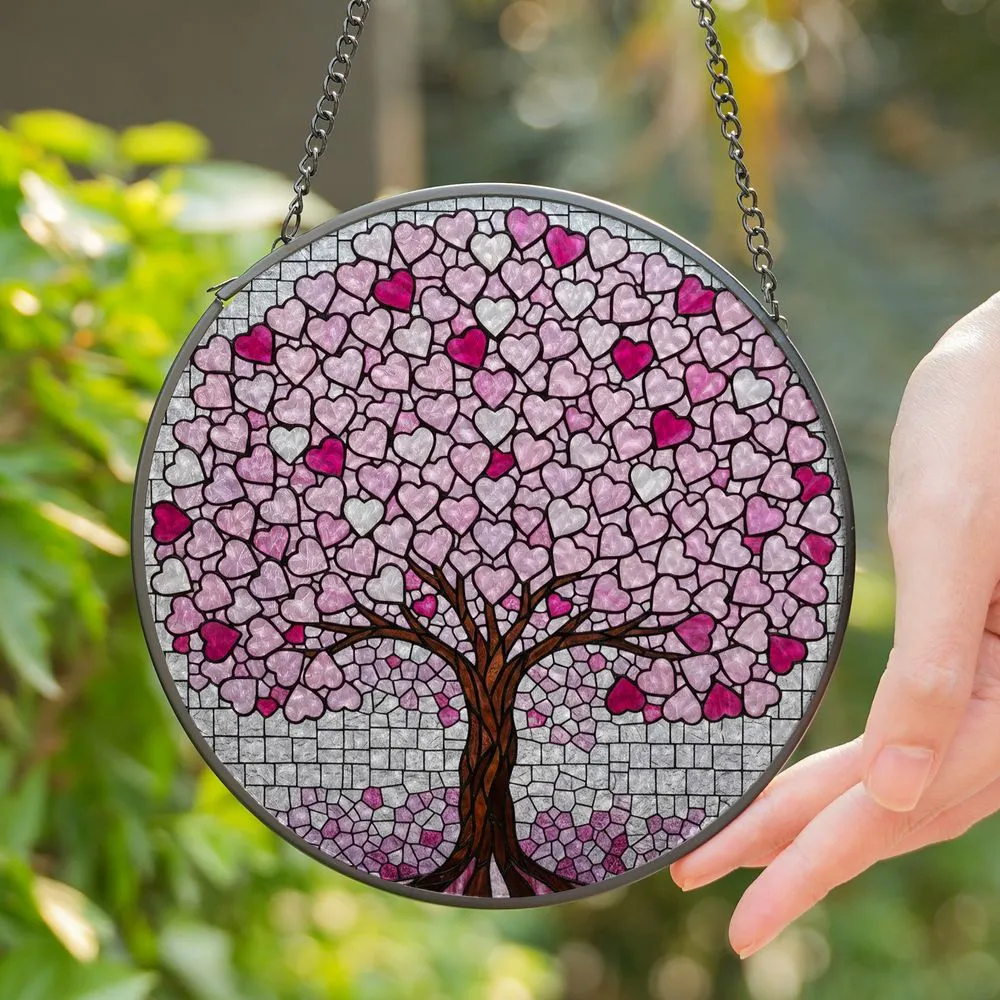 Stained Glass Tree with Heart Canopy - Tiffany Style Mosaic Jewel Tones Lavender Pink Stained Glass Suncatcher - 1