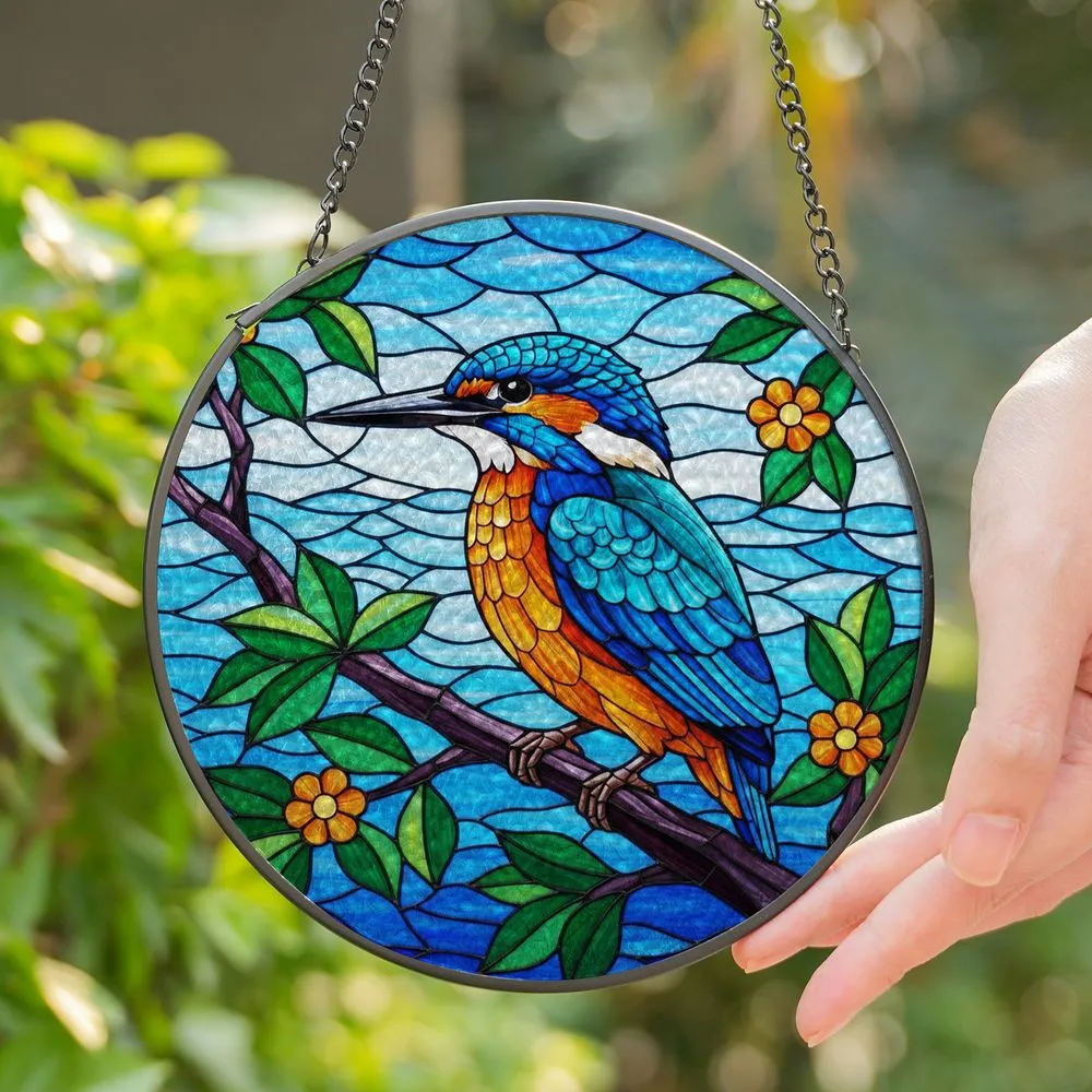 Vibrant Kingfisher Stained Glass Art - Tiffany Style Nature Decor for Home Accent Stained Glass Suncatcher - 1