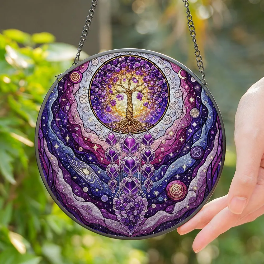 Tiffany Stained Glass Tree of Life Amethyst - Cosmic Nebula Celestial Art Stained Glass Suncatcher - 1