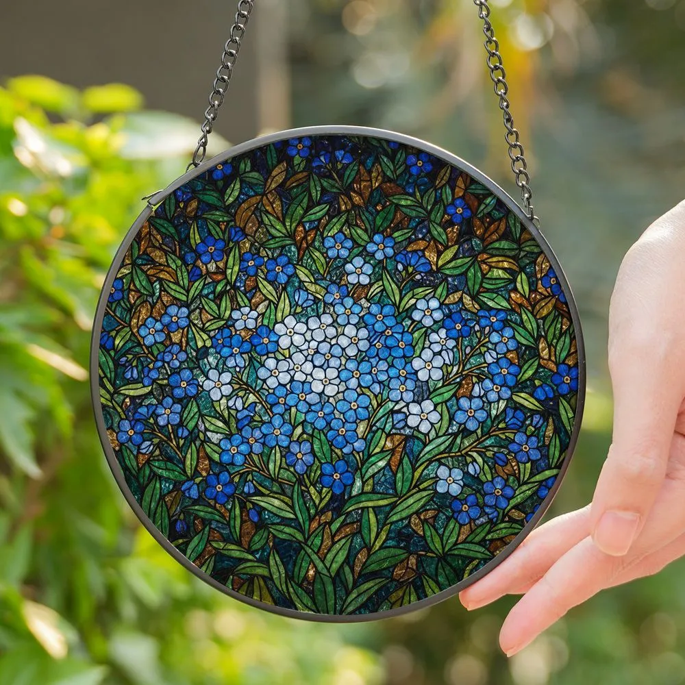Forget-Me-Not Flowers Tiffany Style Stained Glass Art Jewel Tone Dense Garden Bloom Stained Glass Suncatcher - 1