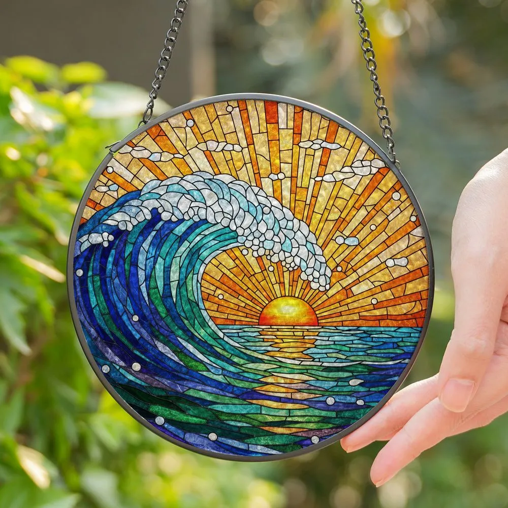 Powerful Ocean Wave Sunset Stained Glass - Deep Blue Green Purple Orange Sky Art Stained Glass Suncatcher - 1