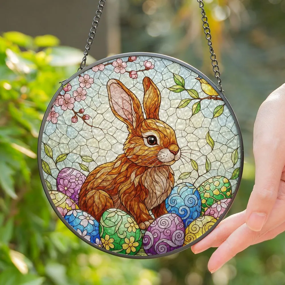 Brown Rabbit Easter Eggs Bird Cherry Blossoms - Intricate Tiffany Stained Glass Art Easter Gift Stained Glass Suncatcher - 1