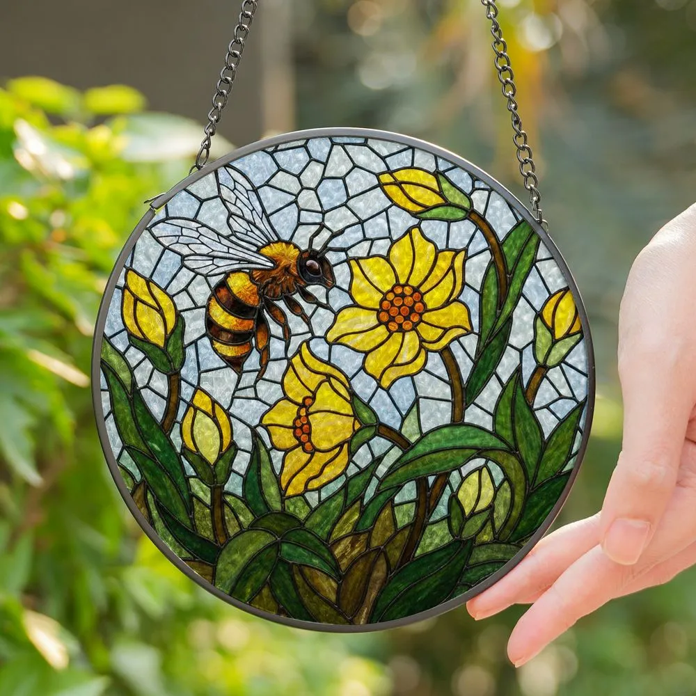 Tiffany Stained Glass Honeybee Blooming Flowers Detailed Mosaic Art Jewel Tones Stained Glass Suncatcher - 1