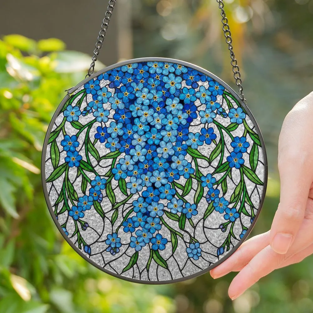 Stained Glass Forget-Me-Not Flowers Blue Gold Green Tiffany Mosaic Rippled Clear Art Stained Glass Suncatcher - 1