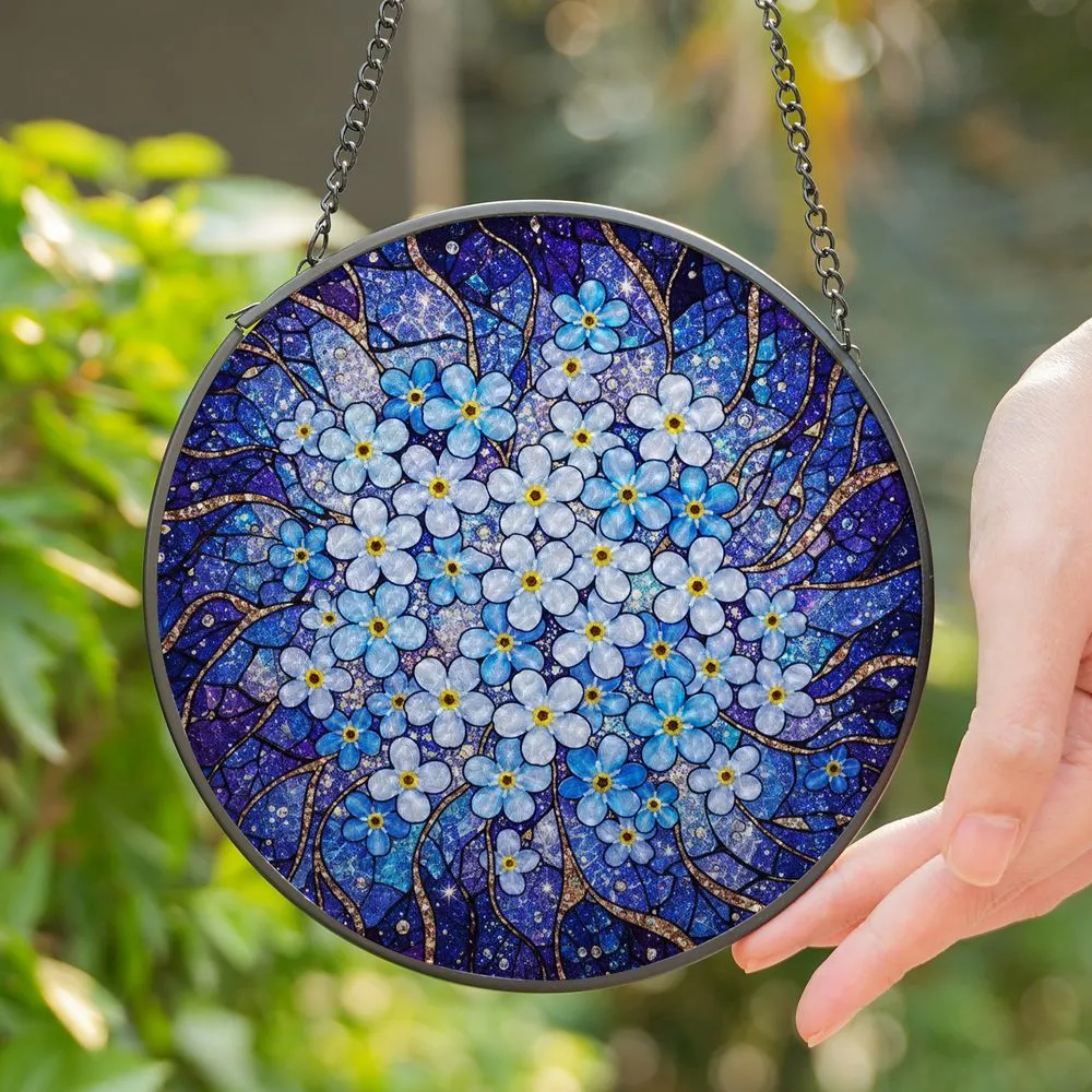 Forget-Me-Not Stained Glass Mosaic Cosmic Shimmer Art – Iridescent Jewel Tone Decor Stained Glass Suncatcher - 1