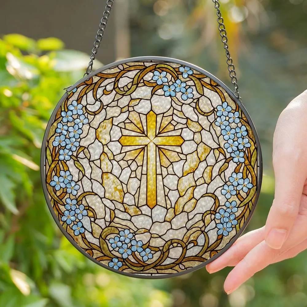 Golden Cross Forget-Me-Nots Tiffany Stained Glass — Inspirational Faith Home Decor Gift Stained Glass Suncatcher - 1