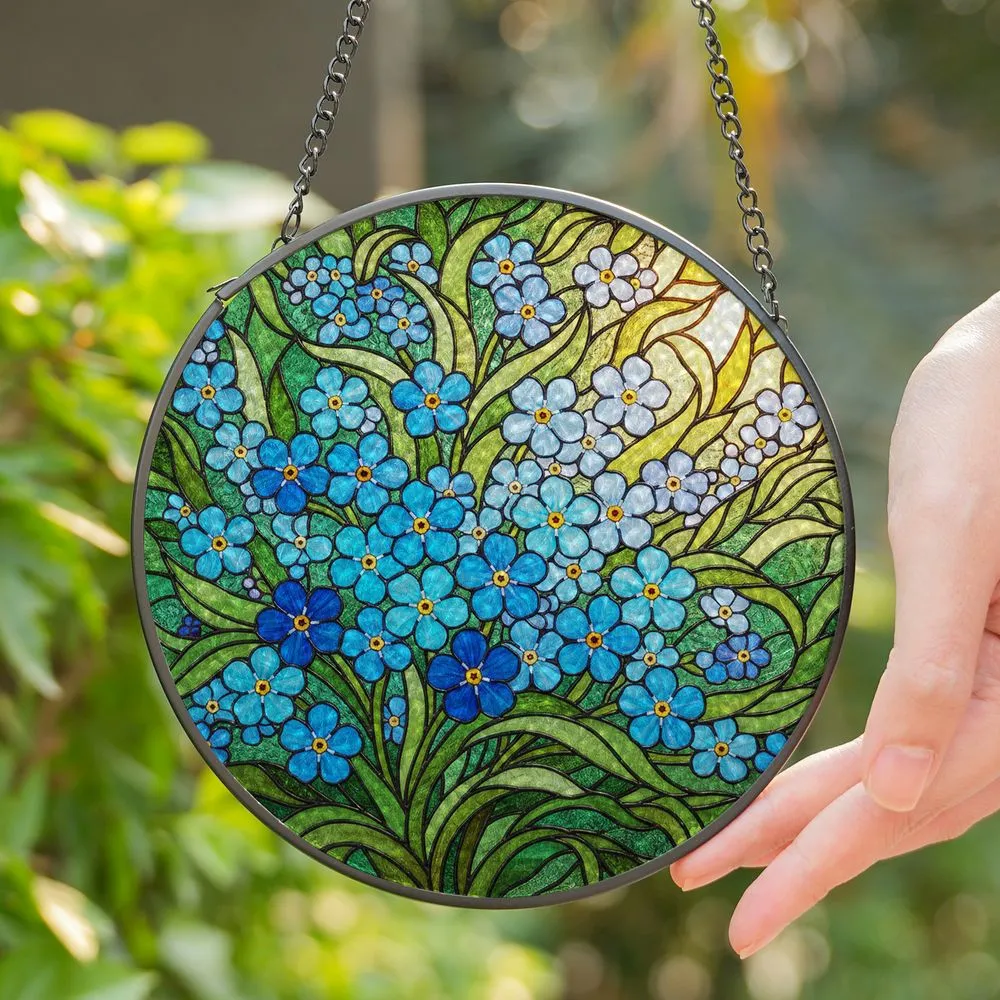 Forget-Me-Not Stained Glass Tiffany Art - Intricate Mosaic Floral Bloom Jewel Tones Stained Glass Suncatcher - 1