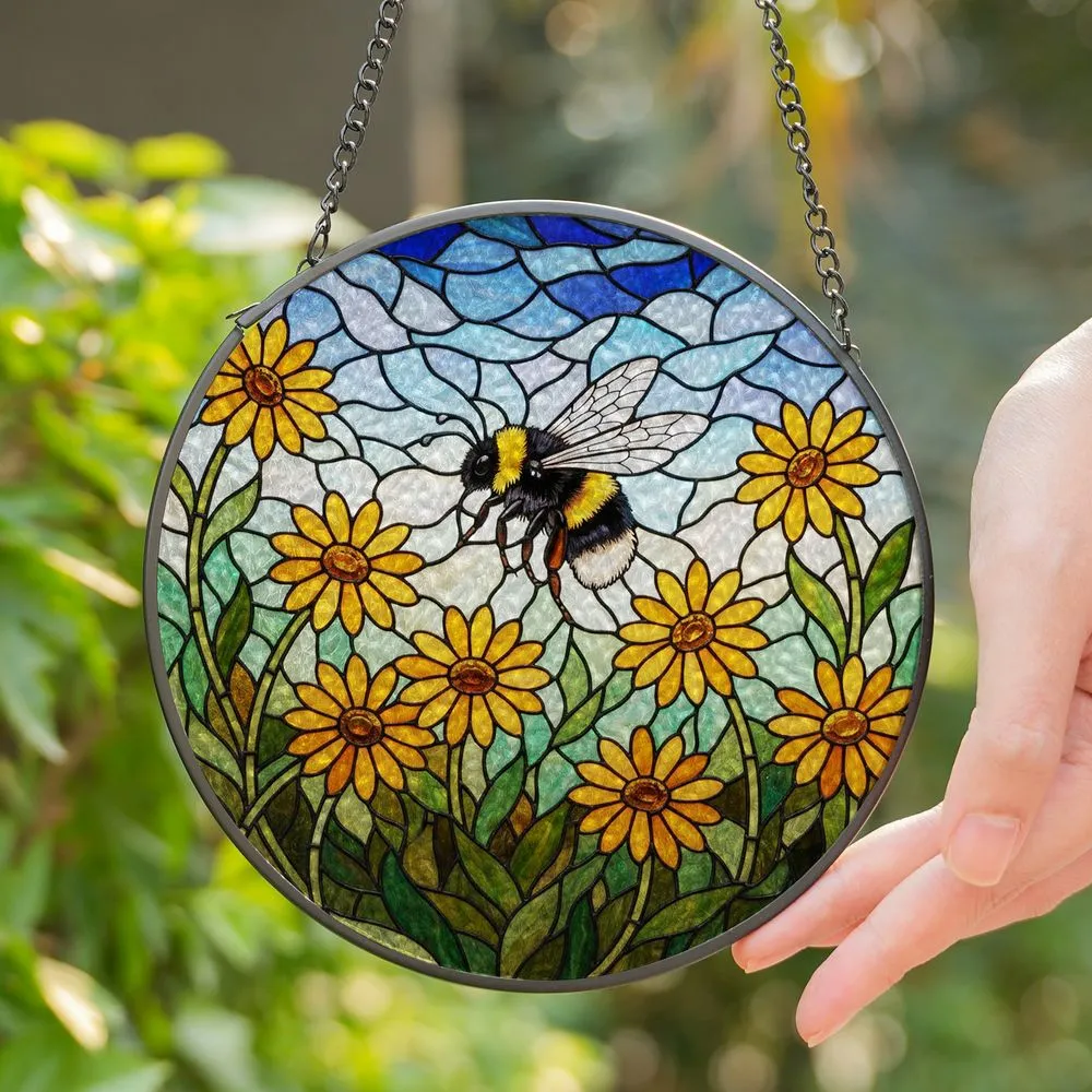 Bumblebee Daisy Flowers Mosaic Tiffany Stained Glass Cloudy Sky Foliage Jewel Tones Stained Glass Suncatcher - 1