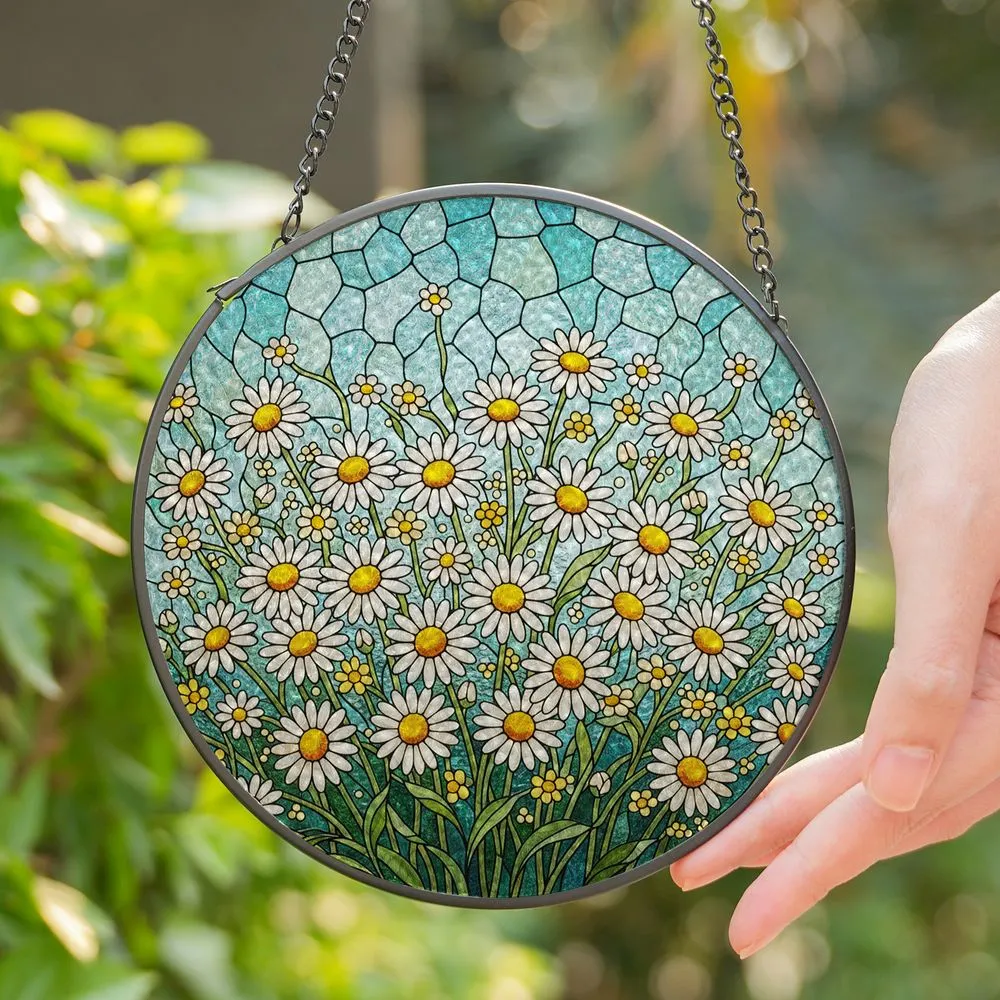 Dense Daisy Flowers Stained Glass Tiffany Style Art - Floral Sky Mosaic Jewel Tones Stained Glass Suncatcher - 1