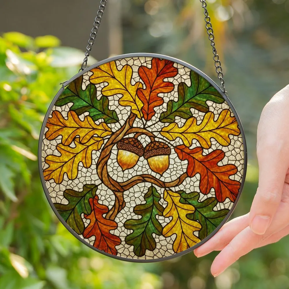 Oak Acorn Branch Leaves Tiffany Stained Glass Mosaic - Glowing Translucent Jewel Tones Stained Glass Suncatcher - 1