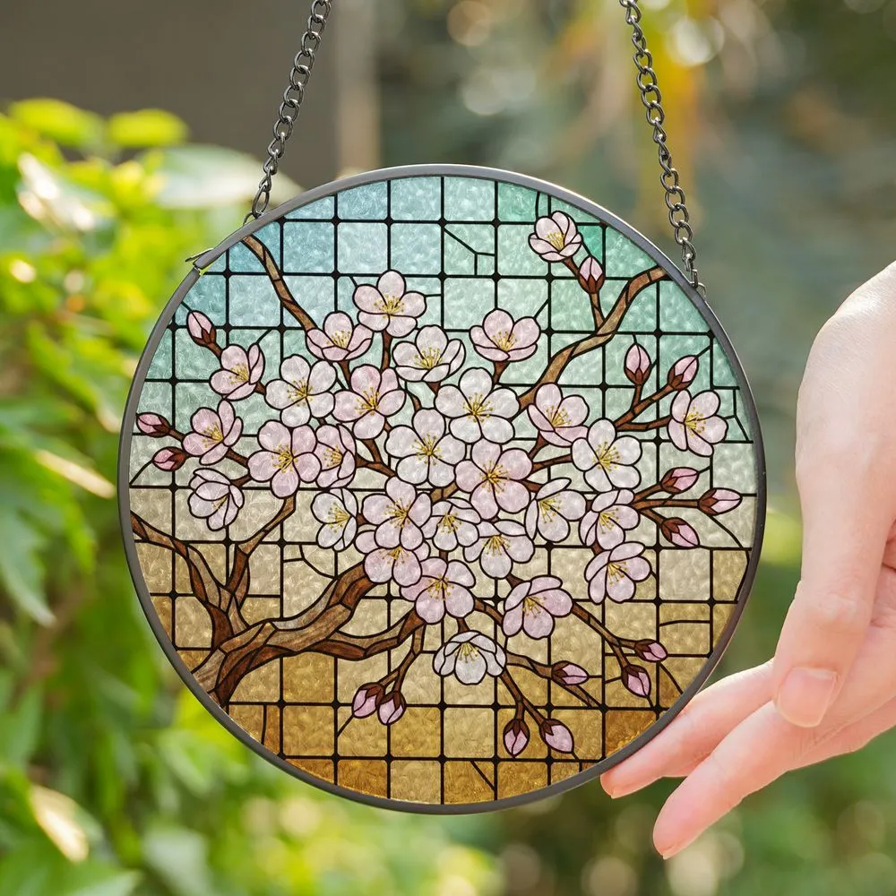 Intricate Stained Glass Pink Cherry Blossom Branch - Tiffany Style Floral Home Decor Gift Stained Glass Suncatcher - 1