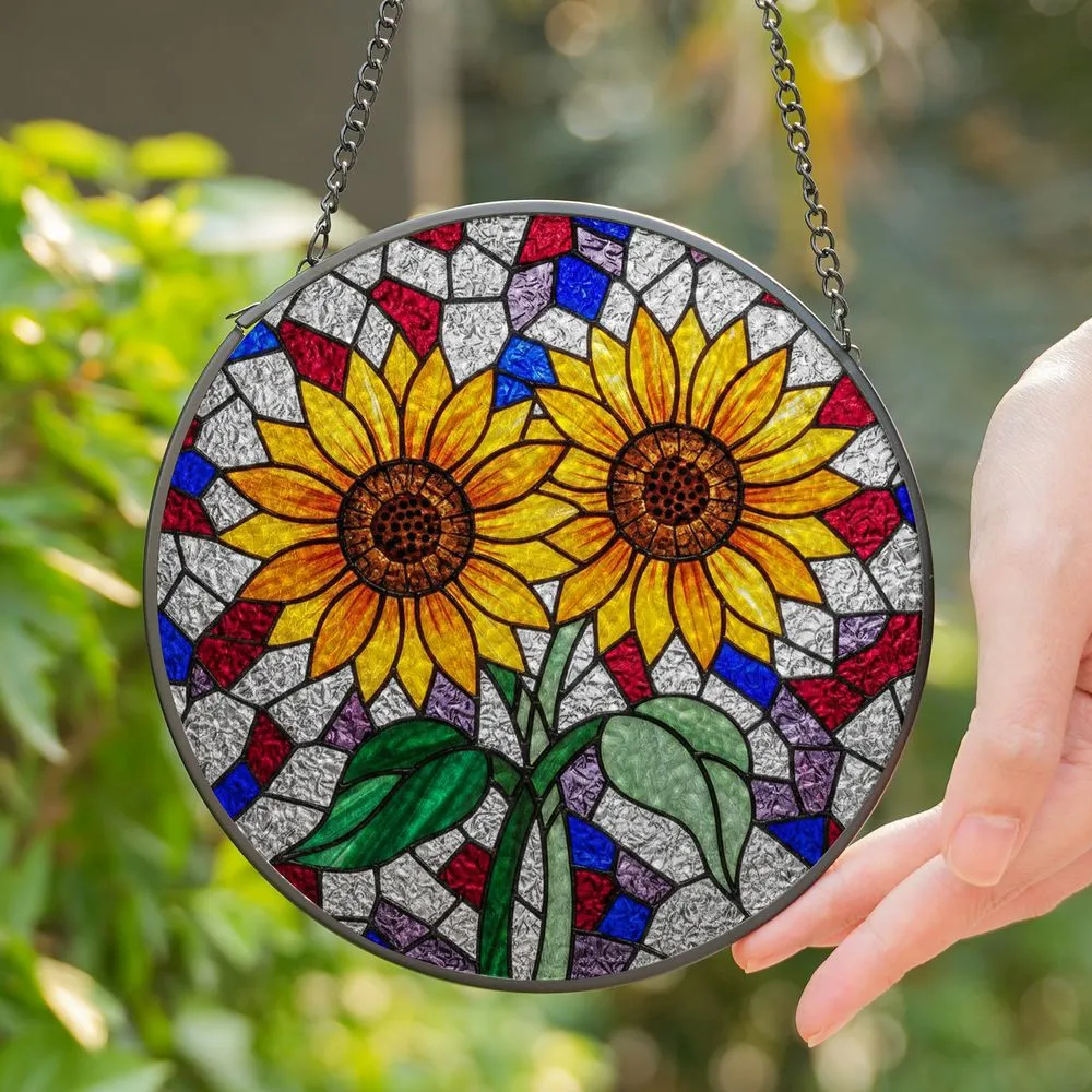 Two Sunflowers Stained Glass Mosaic Art - Tiffany Style Window Decor Home Accent Panel Stained Glass Suncatcher - 1