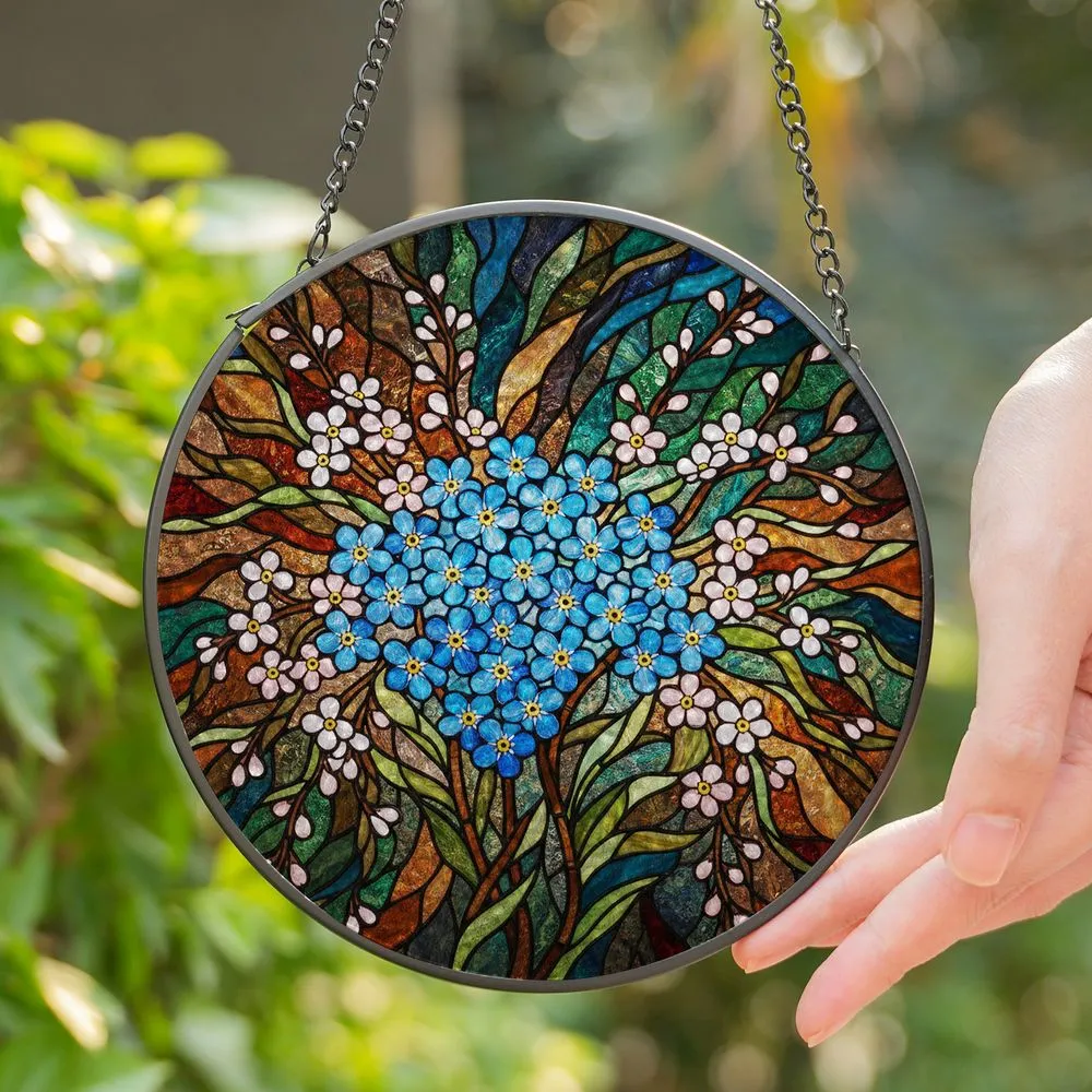 Blue Forget-Me-Not Flowers Tiffany-Style Stained Glass Blossom Mosaic Jewel Tone Intricate Art Stained Glass Suncatcher - 1