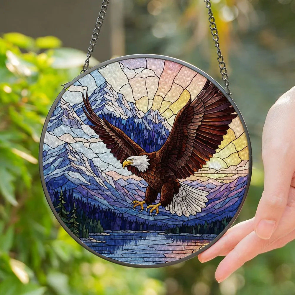 Bald Eagle Soaring Snow-Capped Mountains Lake Sunset Dramatic Stained Glass Stained Glass Suncatcher - 1