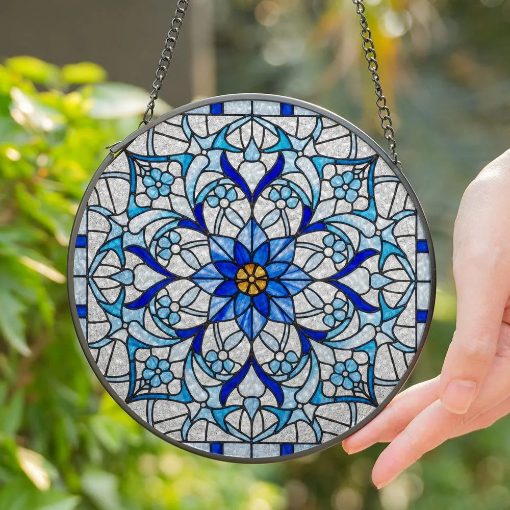 Intricate Tiffany Style Stained Glass Floral Mandala Medallion, Blue Scrollwork Mosaic Stained Glass Suncatcher - 1
