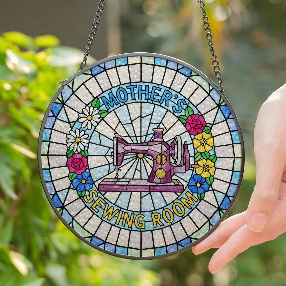 Mother's Sewing Room Vintage Sewing Machine Stained Glass Art Jewel Tone Floral Gift Stained Glass Suncatcher - 1
