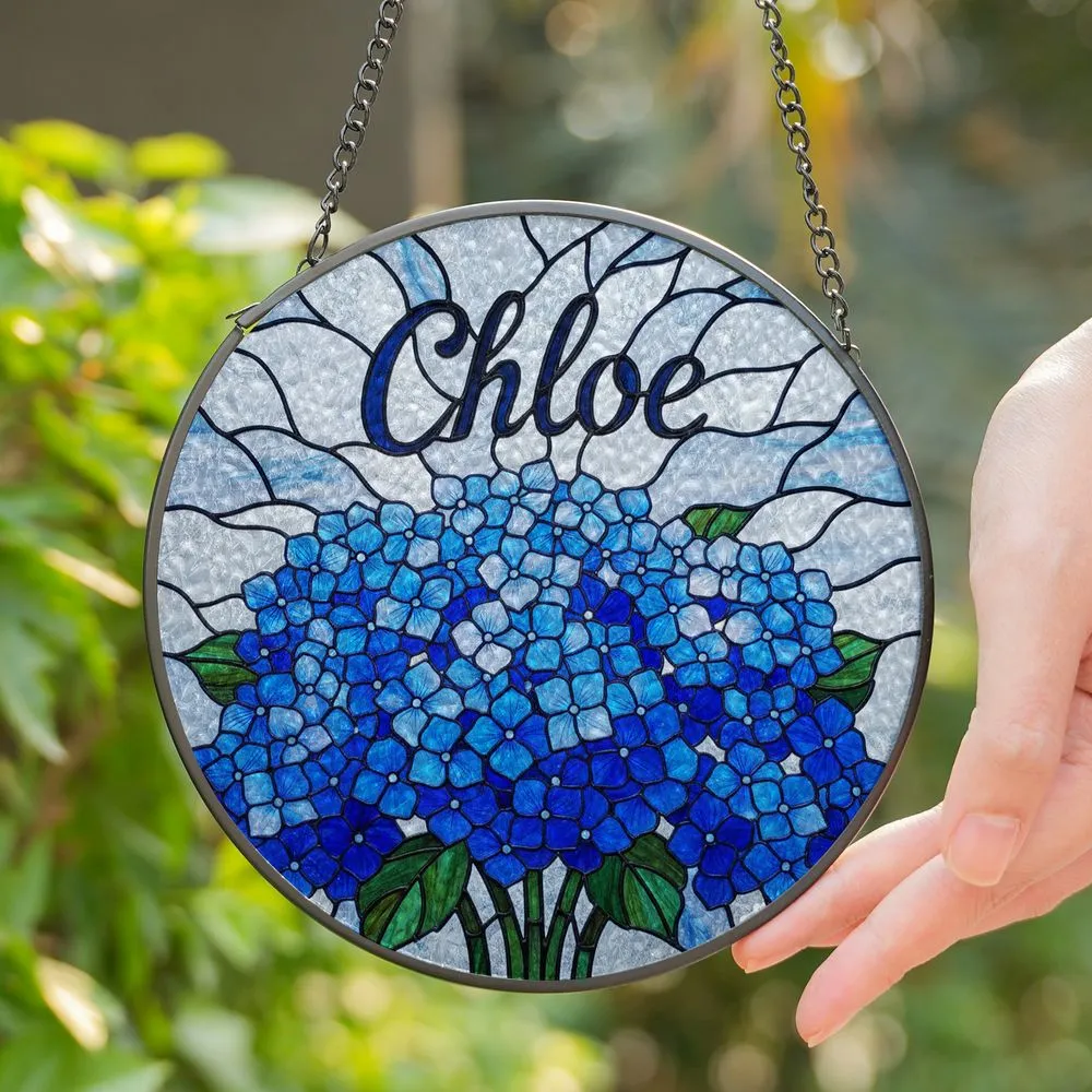 Deep Sapphire Blue Hydrangea Stained Glass Mosaic with 'Chloe' Name & Mottled Background Stained Glass Suncatcher - 1