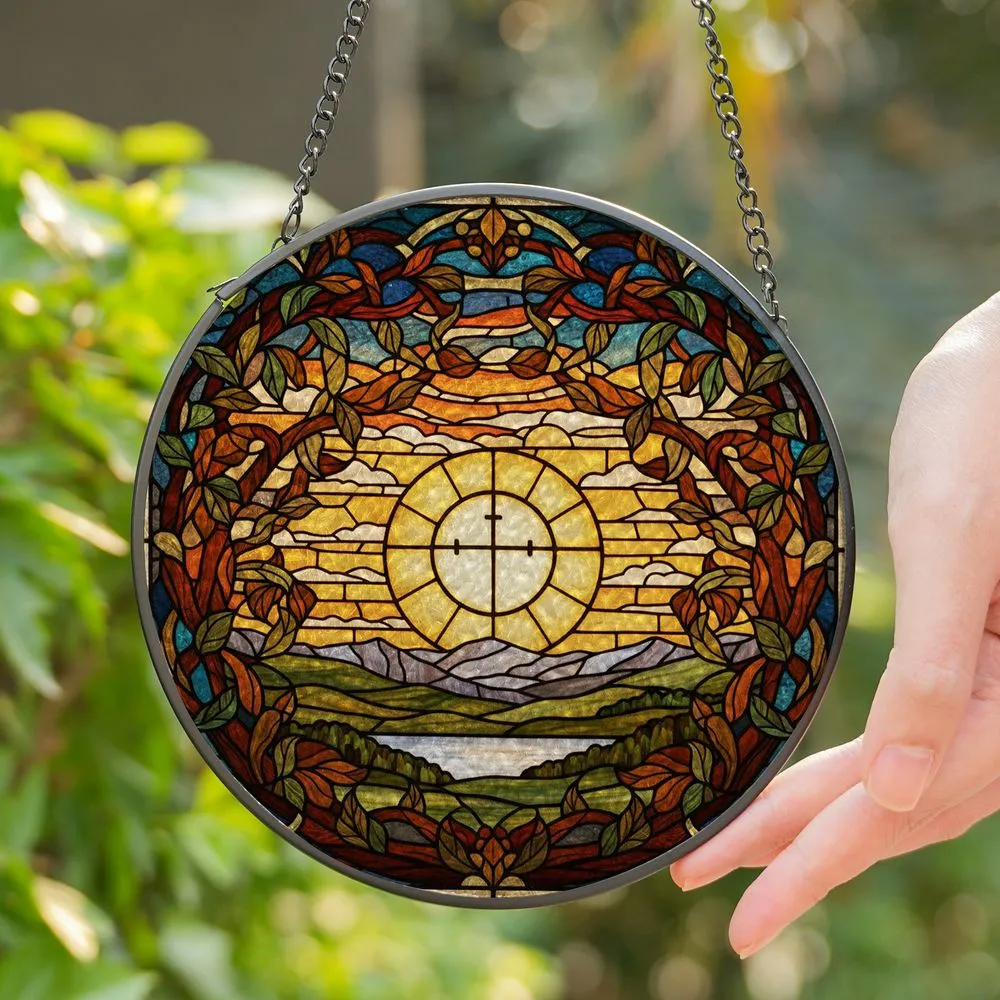 Golden Orb Cross Tiffany Stained Glass Art - Sunset Mountain Landscape Home Decor Stained Glass Suncatcher - 1