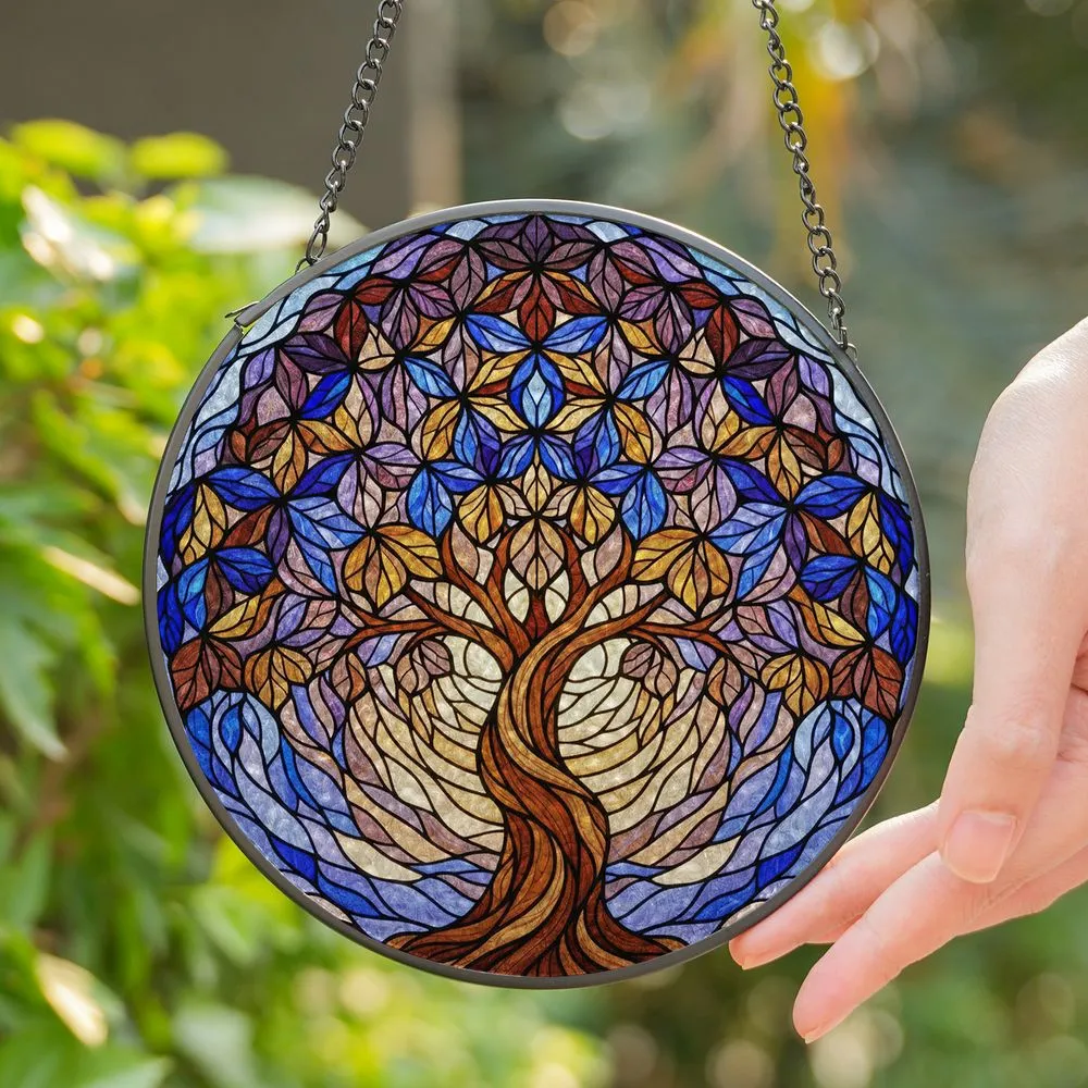 Tiffany Stained Glass Tree of Life Art - Intricate Dense Canopy Sunrise Sunset Glow Stained Glass Suncatcher - 1