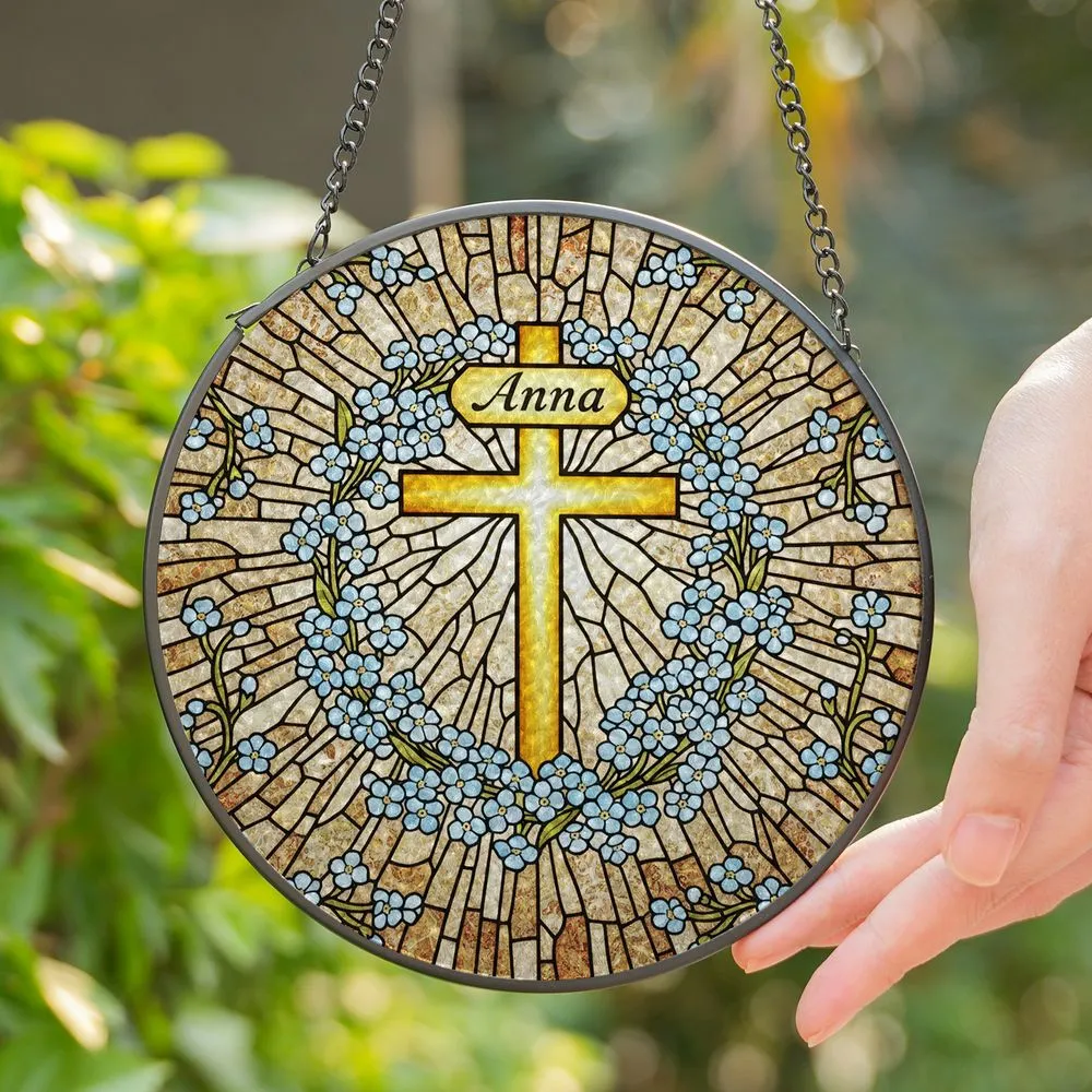Radiant Golden Cross Anna Forget-Me-Not Floral Vines - Tiffany Stained Glass Art Gift Stained Glass Suncatcher - 1