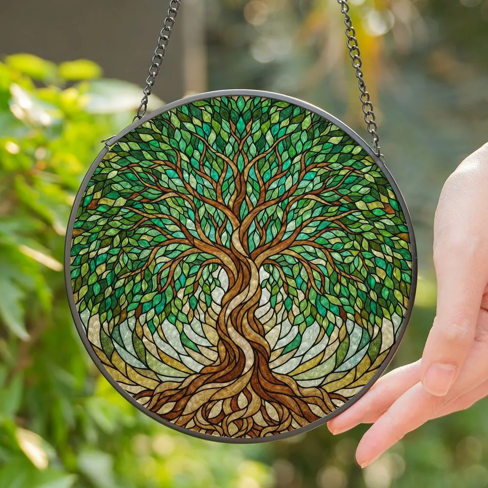 Tree of Life Stained Glass Artwork - Tiffany Style Jewel Tone Gnarled Roots Emerald Green Stained Glass Suncatcher - 1