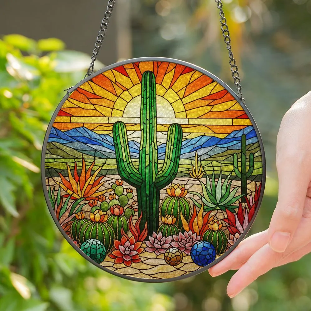 Vibrant Saguaro Cactus Desert Sunset Mosaic Cacti Succulents Stained Glass Design Stained Glass Suncatcher - 1