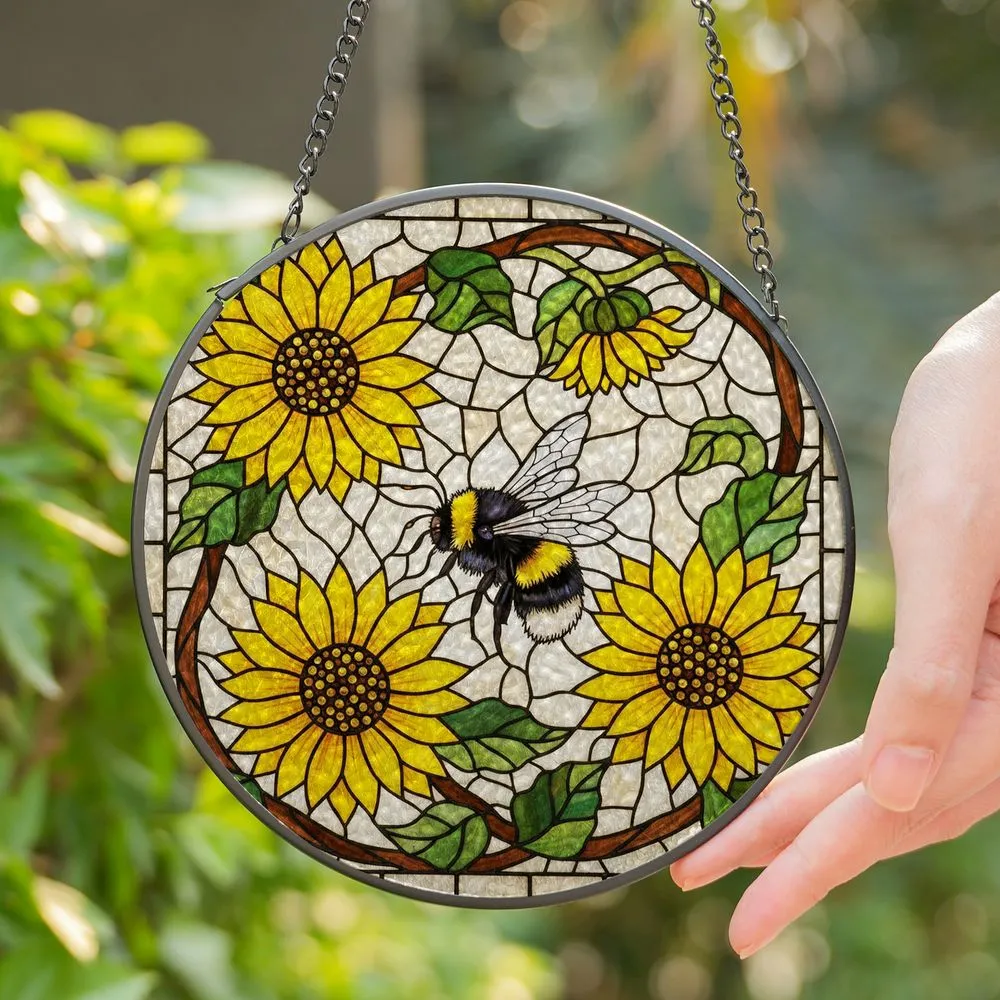 Fuzzy Bumblebee Translucent Wings Stained Glass Yellow Flowers Intricate Tiffany Mosaic Stained Glass Suncatcher - 1