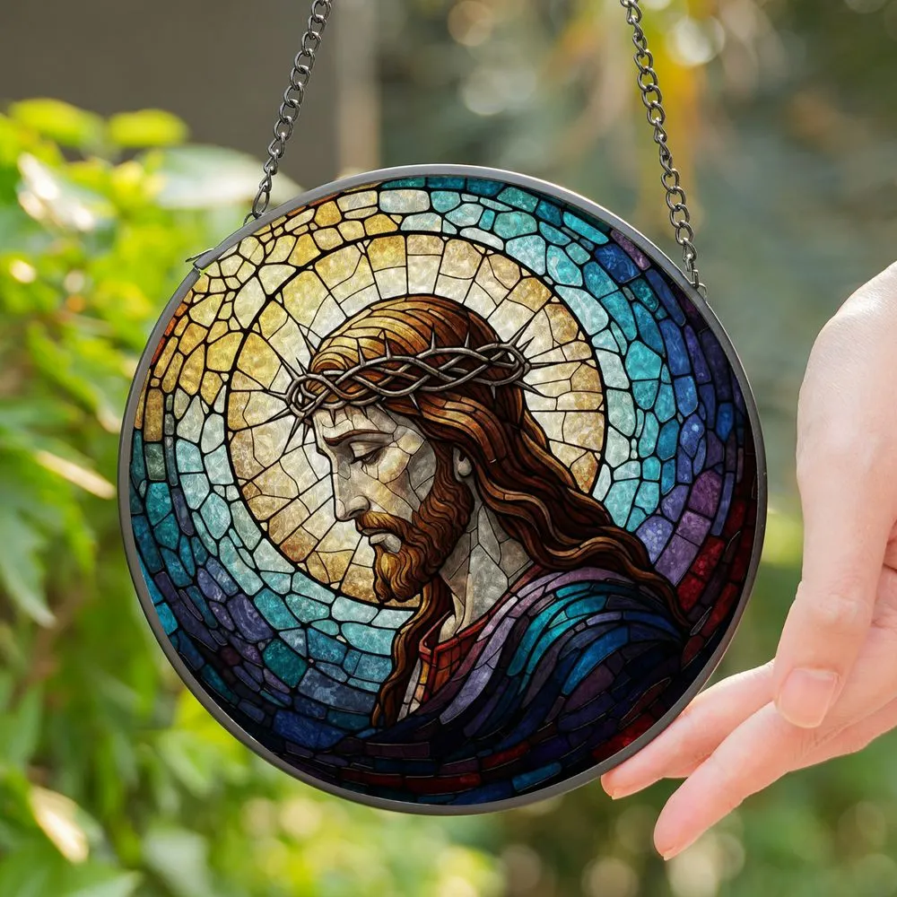 Jesus Christ Crown of Thorns Mosaic Tiffany Style - Spiritual Christian Decor Gift Stained Glass Suncatcher - 1