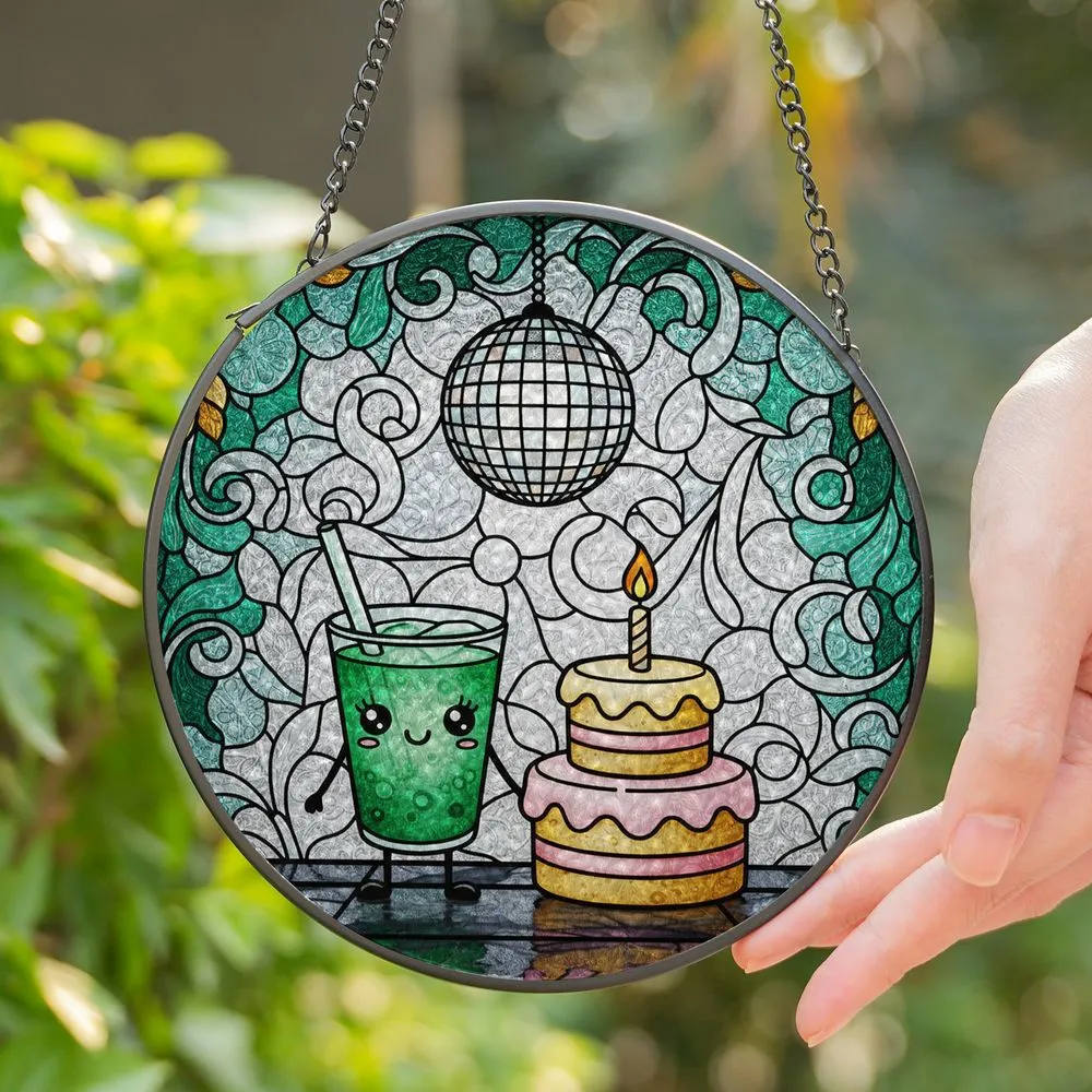 Kawaii Happy Face Drink Birthday Cake Disco Ball Stained Glass - Party Celebration Gift Stained Glass Suncatcher - 1