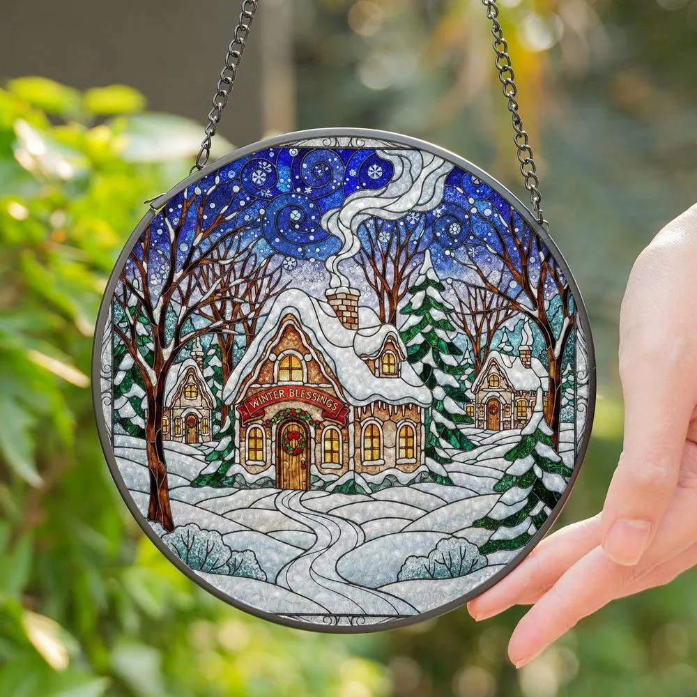 Snow-Covered Gingerbread Cottage Winter Wonderland - Christmas Holiday Gift Decor Stained Glass Suncatcher - 1