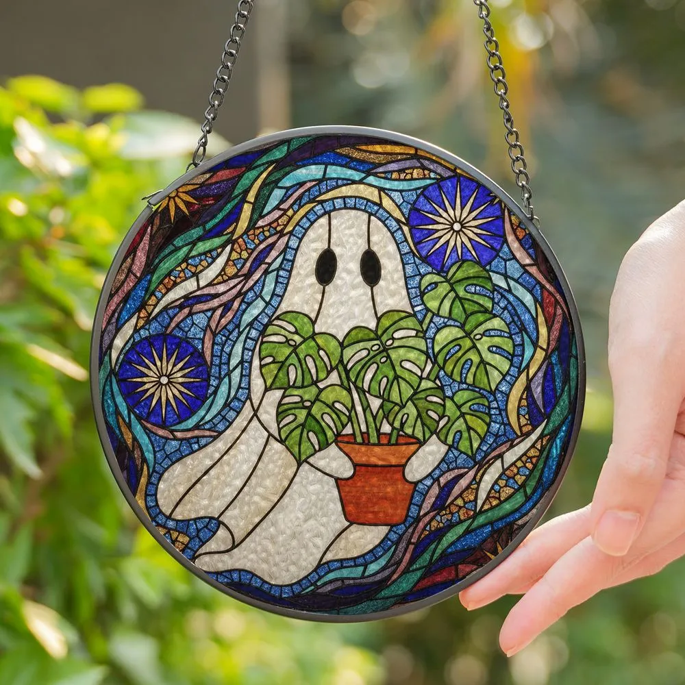 Stained Glass Ghost Monstera Plant Tiffany Style Fenestrated Leaves Terracotta Pot Stained Glass Suncatcher - 1