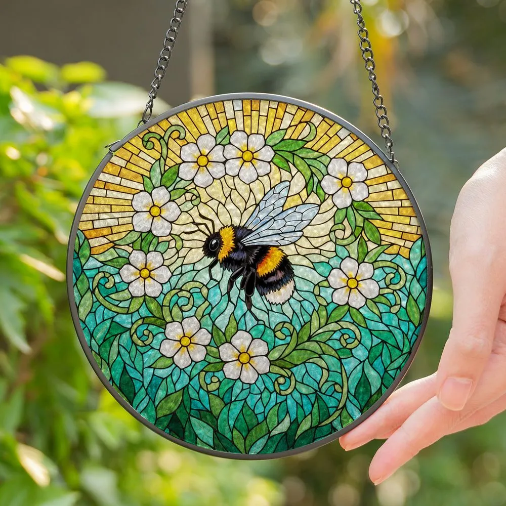 Bumblebee Stained Glass Flowers Tiffany Style Jewel Tone Sun Rays Intricate Foliage Stained Glass Suncatcher - 1