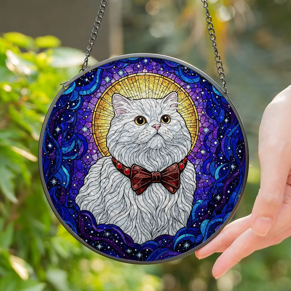 White Persian Cat Golden Halo Celestial Mosaic Intricate Dark Blue Purple Stars Nebula Stained Glass Suncatcher - 1