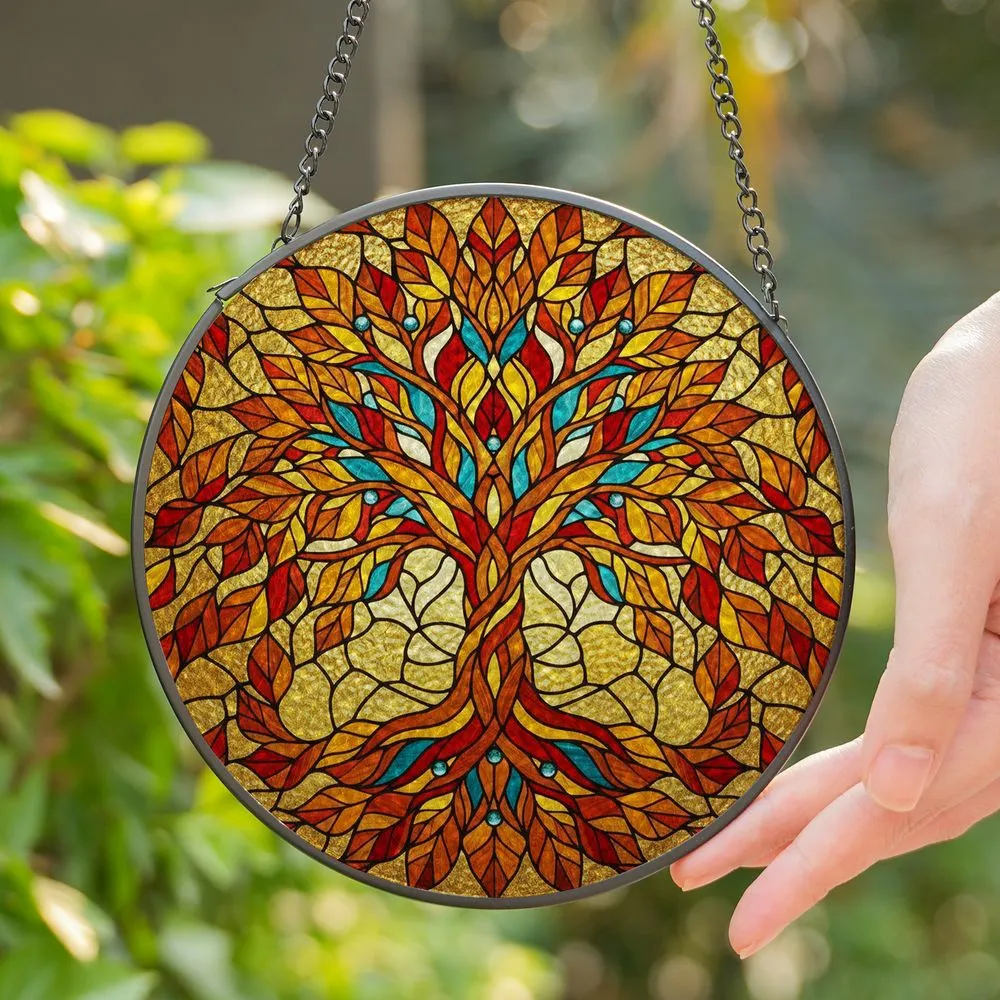 Stained Glass Tree of Life Autumn Leaves Golden Mosaic Tiffany Style Jewel Tones Stained Glass Suncatcher - 1
