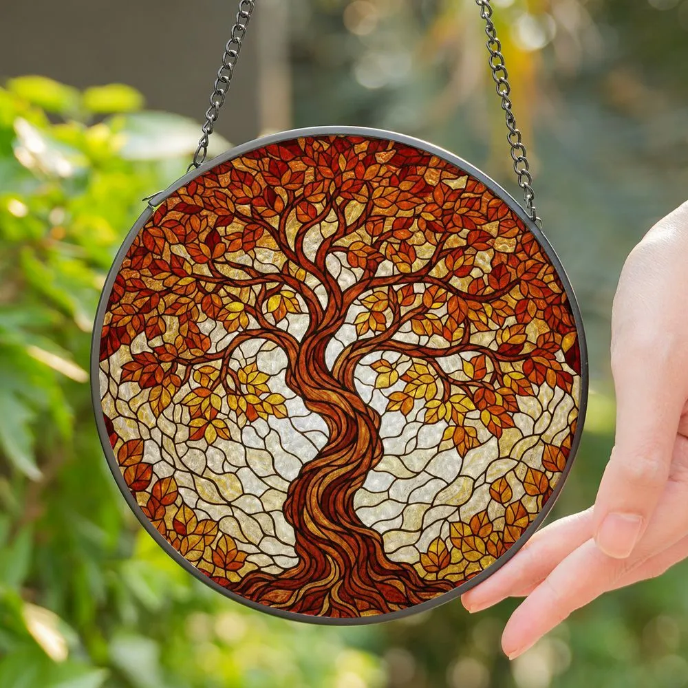 Gnarled Ancient Tree Autumn Leaves Stained Glass Tiffany Art - Glowing Mosaic Pattern Decor Stained Glass Suncatcher - 1