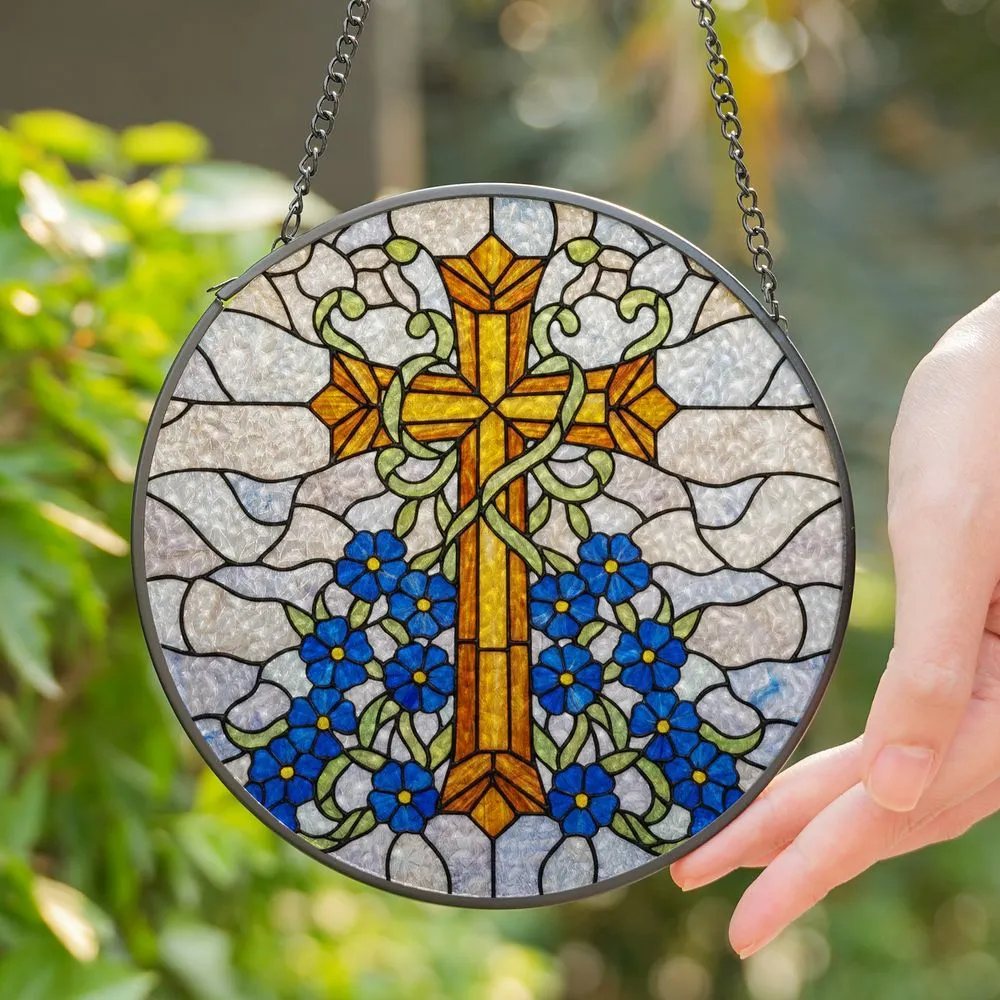 Tiffany Glass Latin Cross Amber Blue Forget-Me-Not Flowers Green Vines - Spiritual Decor Stained Glass Suncatcher - 1