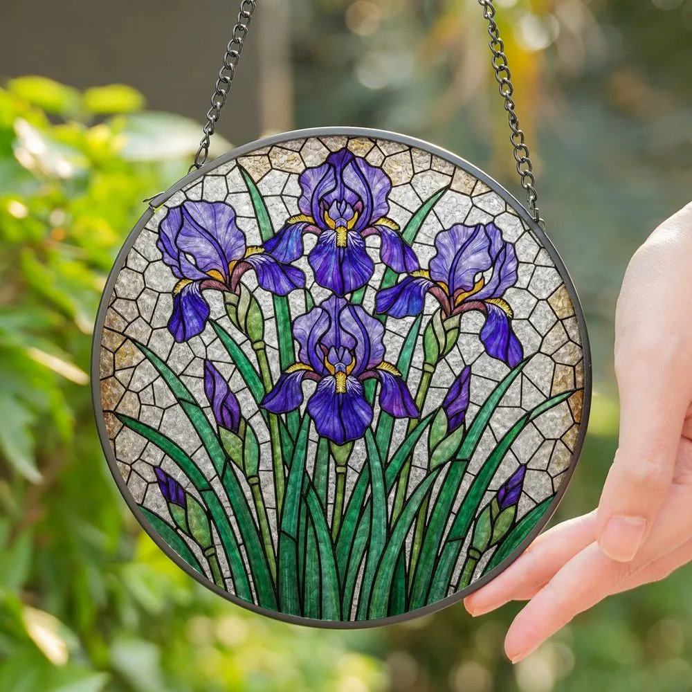 Tiffany Stained Glass Iris Flowers - Blooming Petals, Jewel Tones, Green Leaves Mosaic Art Stained Glass Suncatcher - 1
