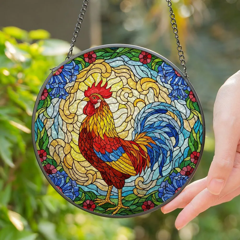 Majestic Stained Glass Rooster Jewel Tones - Intricate Morning Sky Floral Window Art Stained Glass Suncatcher - 1