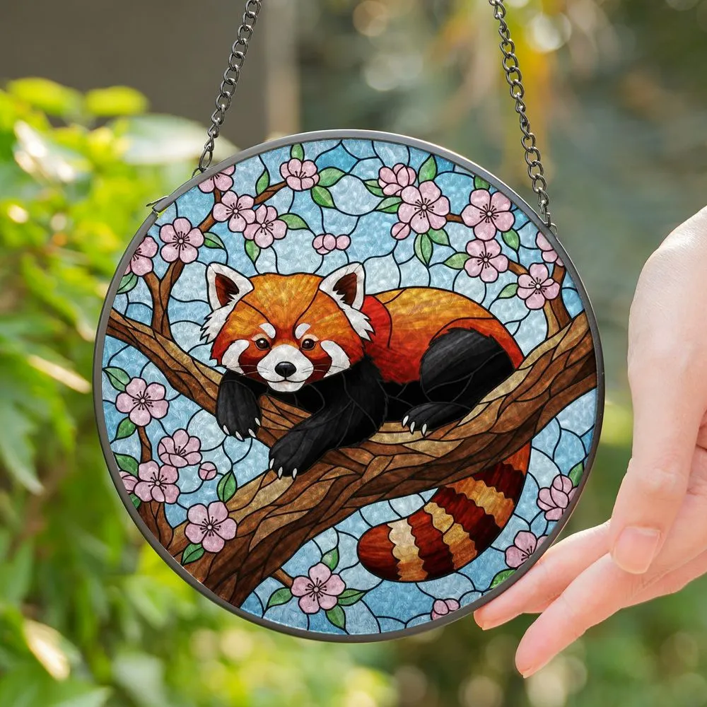Red Panda Pink Blossoms Stained Glass Tiffany Design - Intricate Mosaic Sky Window Panel Stained Glass Suncatcher - 1