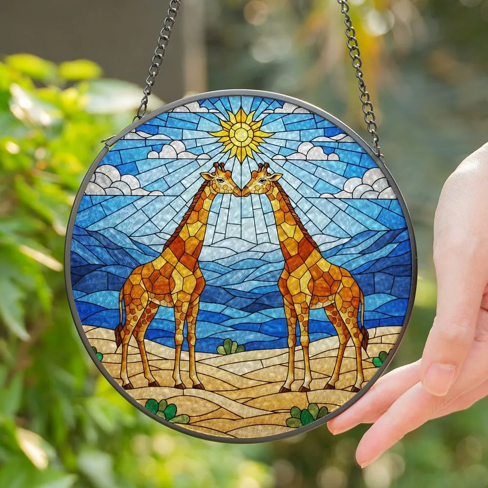 Giraffe Couple Heart Stained Glass Art - Sun Mountain Safari Wildlife Nature Landscape Stained Glass Suncatcher - 1